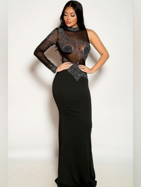 Black One-Shoulder Evening Gown with Rhinestone Detail